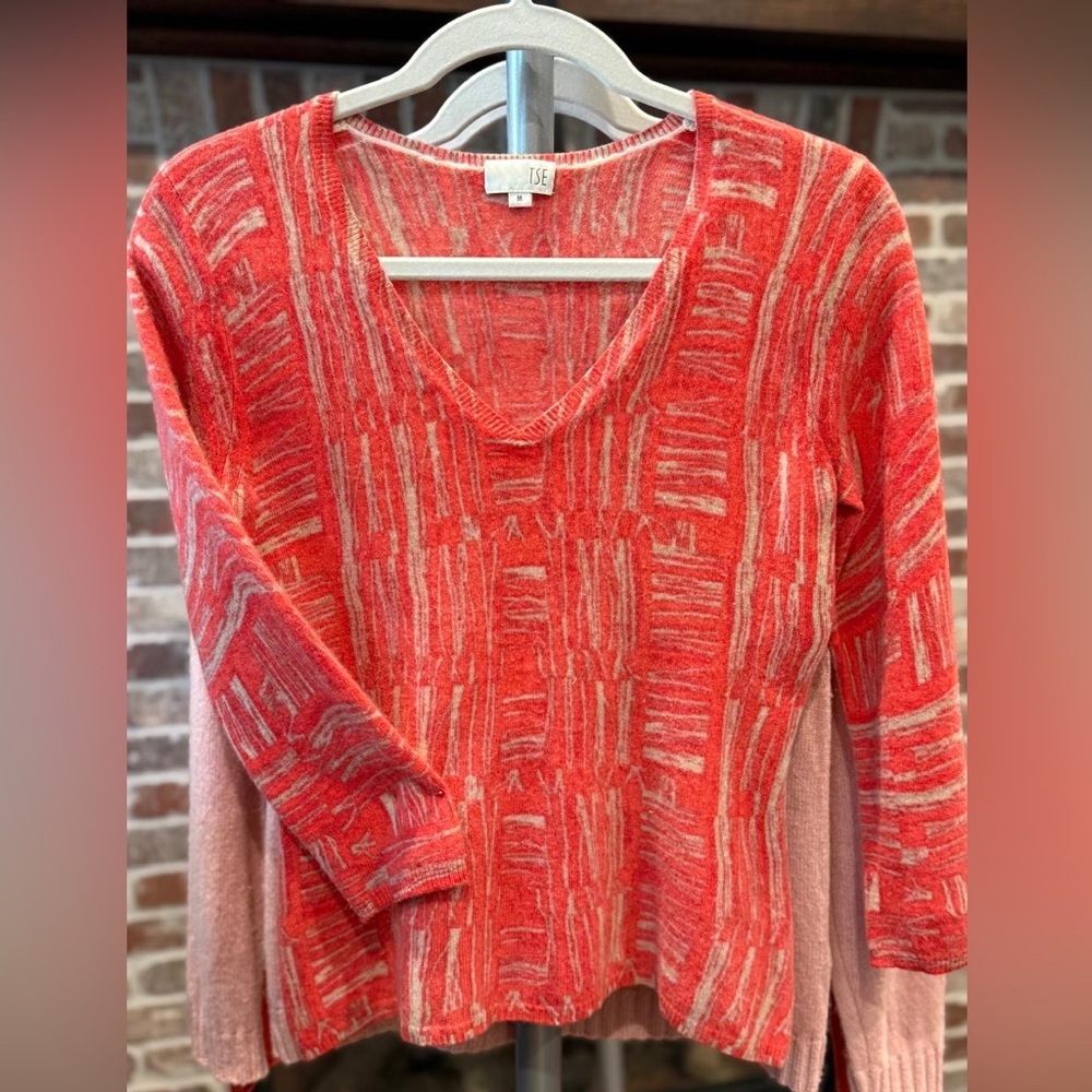 TSE Red and Pink V-Neck Sweater